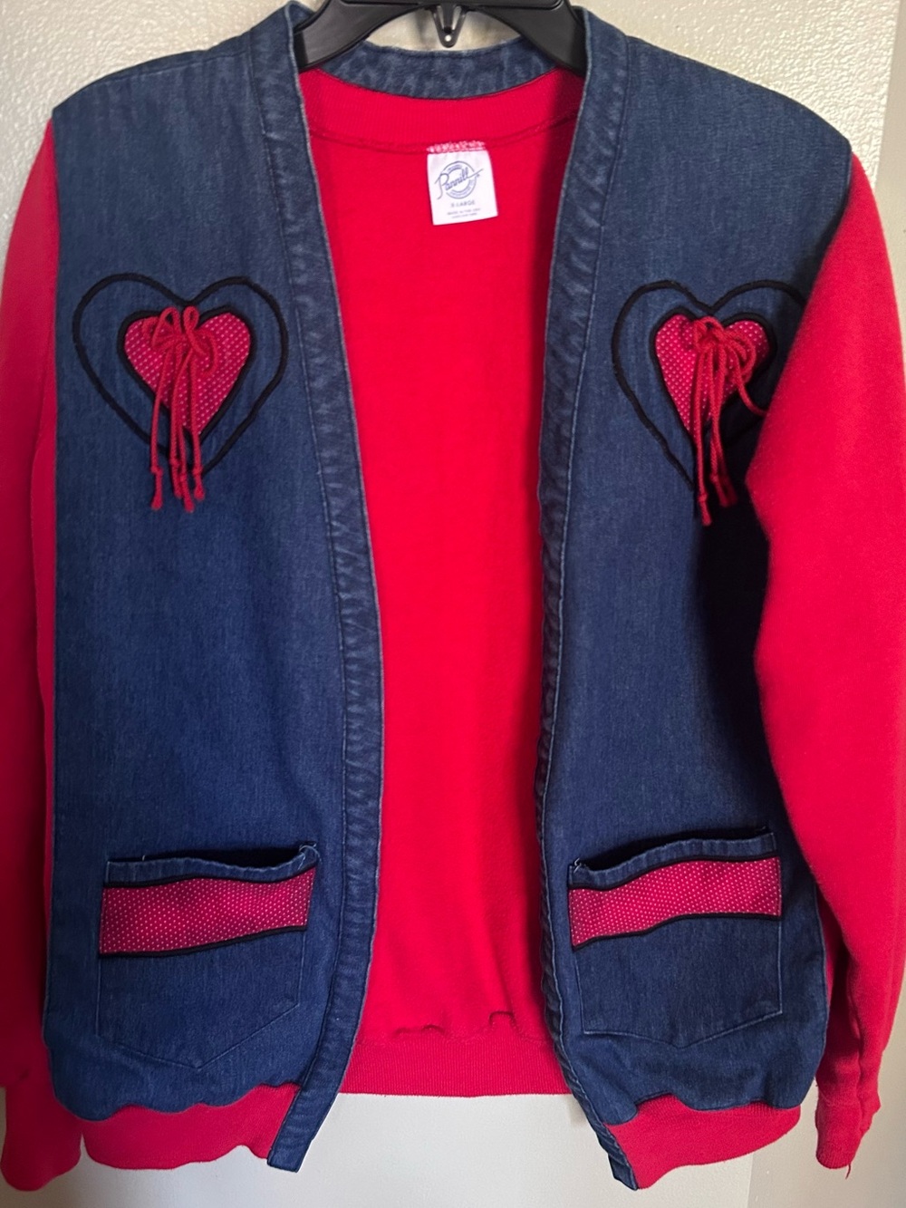 Vintage Pannill Sweatshirt Denim  Embroidered Red Polka Dot Hearts XLarge USA